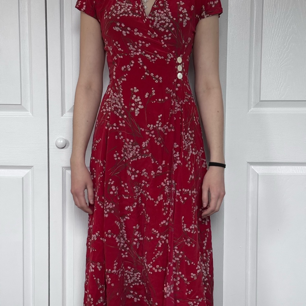 J. Peterman Floral Red Silk Wrap Dress